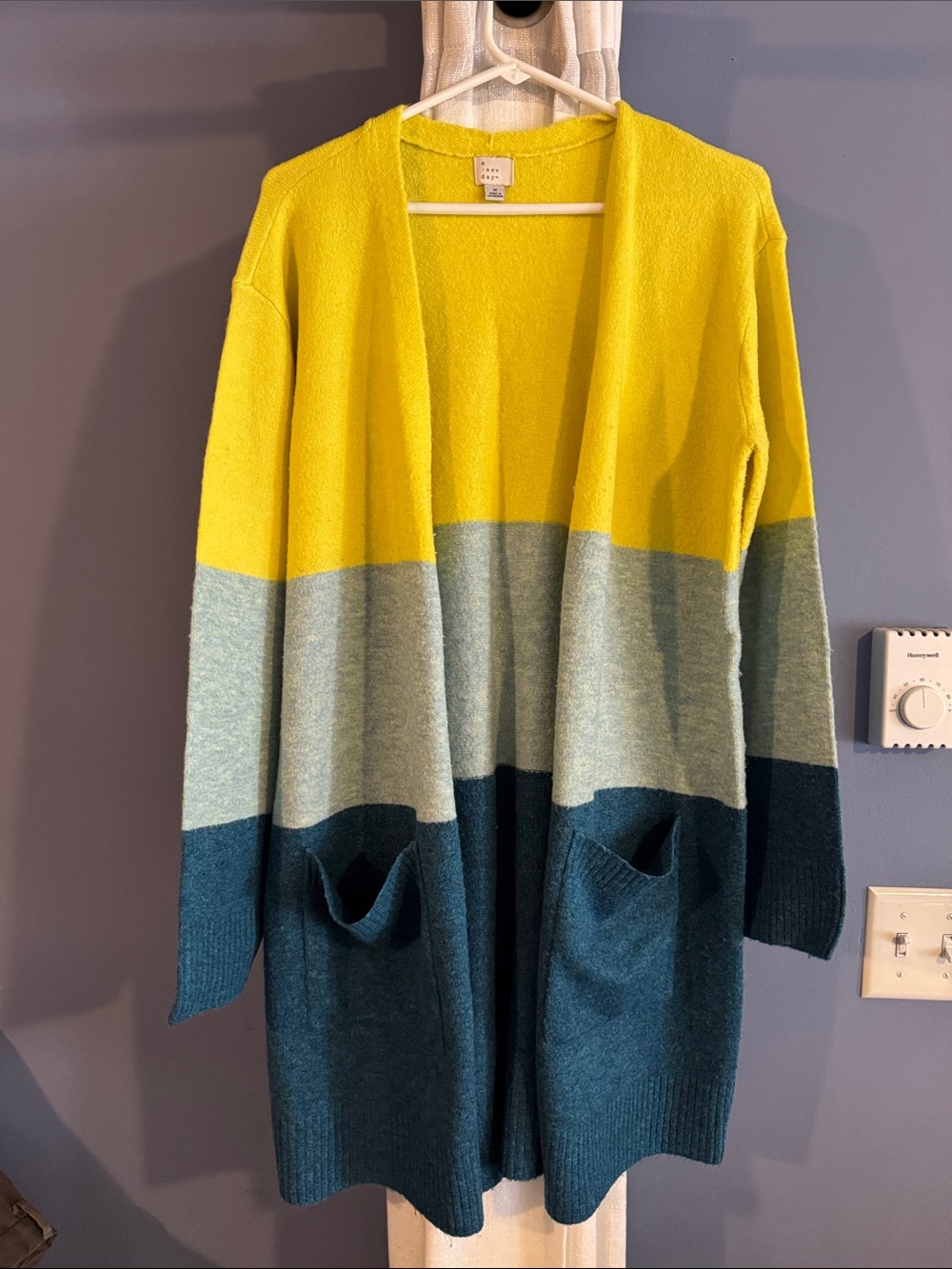 a new day Yellow, Light Gray, Teal Colorblock Open-Front Long Cardigan
